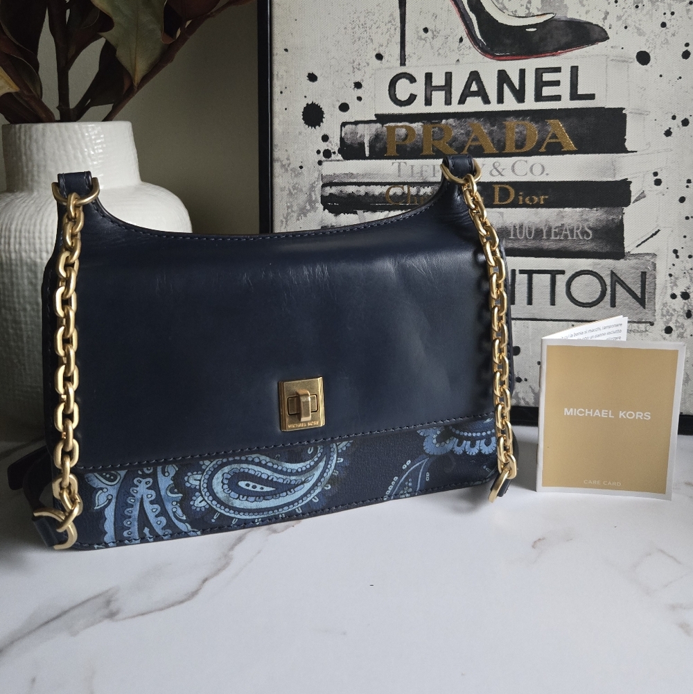 NWT Michael Kors Studio Paisley Natalie Navy Heritage Messenger Bag